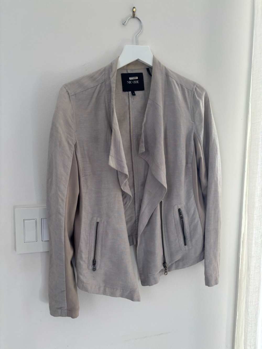NIC+ZOE Light Taupe Draped Open-Front Linen Jacket